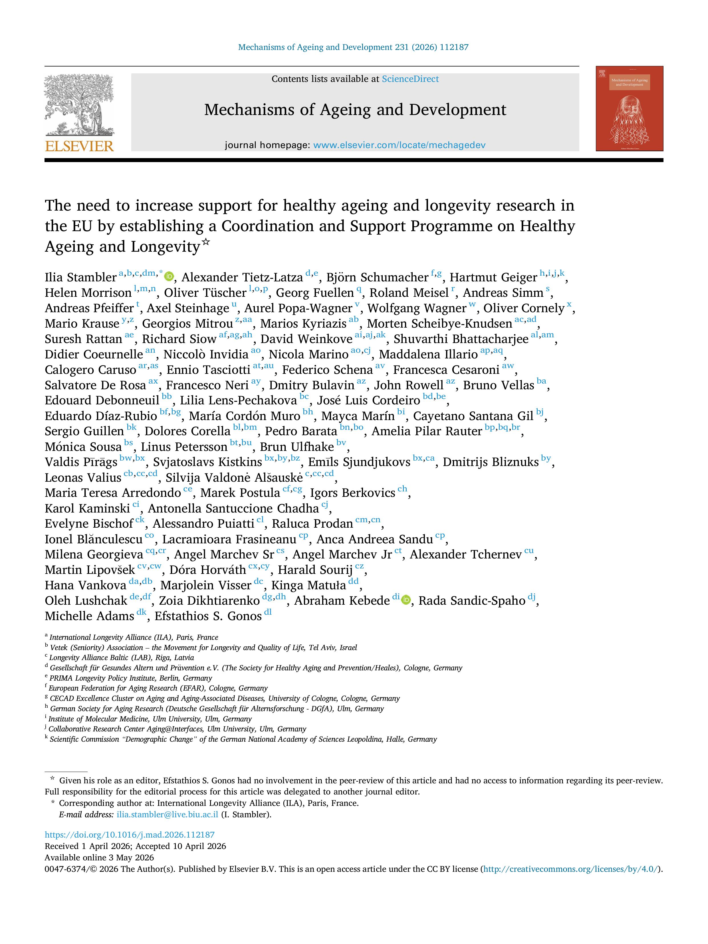 First page of The need to increase support for healthy ageing and longevity research in the EU